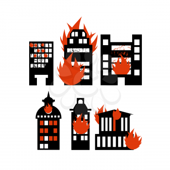 Fire  building. Set of icons lit city buildings. Emergency incident. Destruction of municipal and public houses. burning skyscraper
