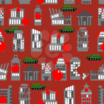 War seamless pattern. Ruined city. Tanks in town. Skyscrapers and public buildings destroyed. Background to danger.
