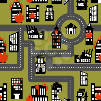 Earthquake in seamless pattern. Urban structures destroyed. Fire in homes.

