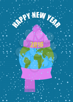  Happy new year. Earth in winter. Planet in knitted CAP and a warm scarf. Snowfall in world. Wool warm winter clothes.
