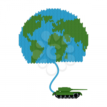Tank dissolves knitted world. To wage war. Start of hostilities. Earth from the wool. Military equipment destroys peace