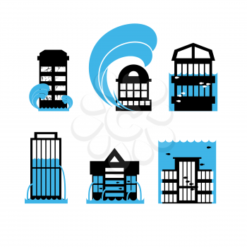 Flood and tsunami icons set houses. Flooding of buildings. Public structures in water. Flooded skyscraper.