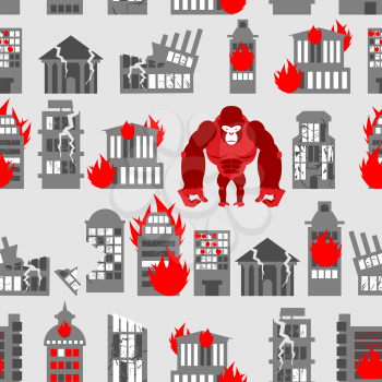King Kong Ruined building seamless pattern. Dangerous Big Gorilla broke city. Destroyed buildings. Angry Monkey and fire in houses