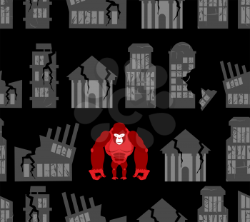 Monkey destroyer in town. Angry Gorilla broke homes and buildings. Seamless pattern devastation. Background of broken homes
