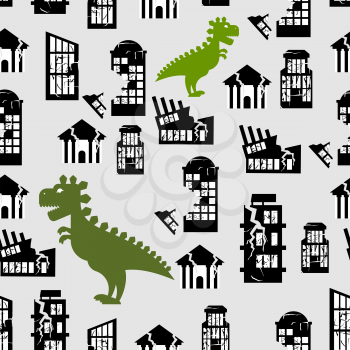 Godzilla destroys  city seamless pattern. Great Monster breaks down building. Destruction of  City Office at home. Background of terrible aggressive animals in  city centre.