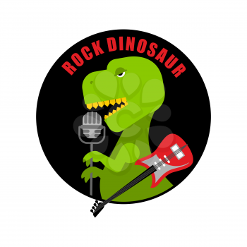 Emblem of  rock dinosaur. Logo for old fans of rock music. T-Rex with guitar sings song into microphone. Prehistoric predator holds a musical instrument.
