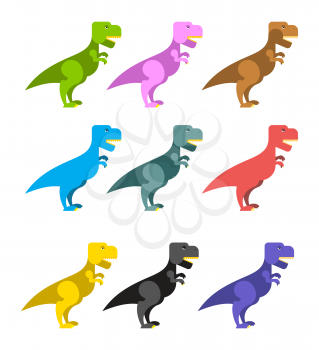 Set of colorful dinosaurs. Tyrannosaurus Rex. Cute animals prehistoric period. Big scary reptile.  Angryl ancient Predator t-rex dinosaur.