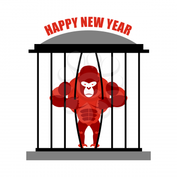 Gorilla wants to escape from cage. Symbol of new year red monkey. Escape wild beast.