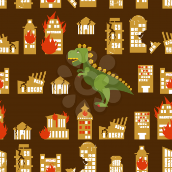 Monster destroys city. Street and House broken. Godzilla in seamless pattern. Scary dinosaur destroyed urban structure. Scary big green animal and office buildings.