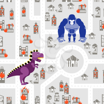 Monsters to destroy city seamless pattern. Dino and Big gorilla destroys building. Aggressive Dinosaur and wild animal rage in town. Aggressive background.