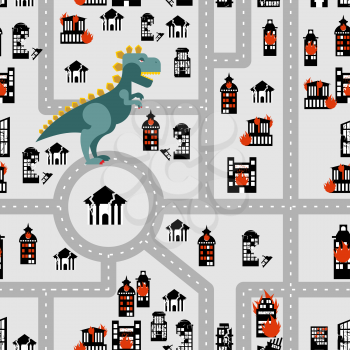 Aggressive dinosaur destroys urban building seamless pattern. Angry Monster breaks city. Horrible Godzilla in town. Destroyed municipal institutions. Fire in  heart of   city