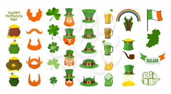 Patricks day. Set of icons. Red Beard and pipe. Leprechaun in Green Hat. Pot of gold. Shamrock and clover. Mug of beer and glass of green ALE. Magic rainbow. Flag and map of Ireland. 17 March
