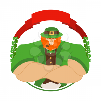 Happy Patrick day. Angry leprechaun in Green Hat. Serious big leprechaun with smoking pipe. Logo for holiday in Ireland 17 March

