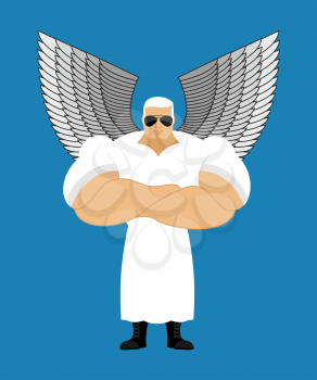 Strong Angel. Powerful Seraphim. the Messenger of God. Guardian Angel is very strong. Human protectors. White Angel wings. Athlete fitness bodybuilder. Crossed arms.
 