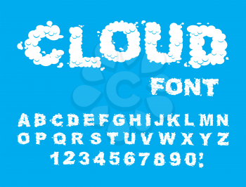 Cloud font. ABCs of white clouds in blue sky. Cloud letters and numbers. Alphabet of chubby letter cloud

