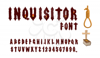 Inquisitor font. Ancient Gothic font. Font for Holy Inquisition. Medieval alphabet. Letters and numbers with  fire of fire. Accessories Inquisitor: Hangman, Bible and cross.

