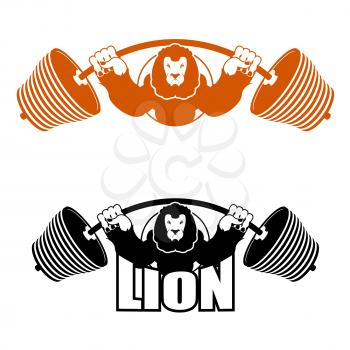 Angry Leo strong athlete. Barbell and Aggressive big beast. Lion Gym Logo. Evil wild animal bodybuilder