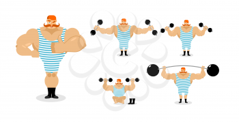 Retro athlete set poses. Ancient bodybuilder with red mustache emotions. Sportsman in striped suit, and good evil. Sad and happy Strong circus performer. Aggressive and surprised

