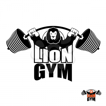 Lion Gym Logo. Angry leo strong athlete. Barbell and Aggressive big beast. Evil wild animal bodybuilder