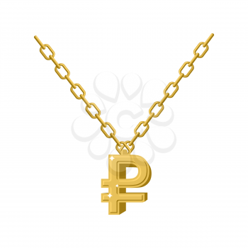 Gold ruble necklace decoration on chain. Expensive jewelry symbol of Russian money. Accessory precious yellow metal for Patriots. Fashionable Luxury treasure
