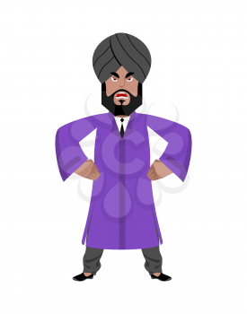Angry Indian businessman. Man from India in national clothes. Turban and tie. Hindu with beard in traditional costume
