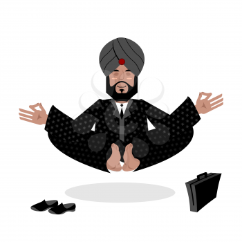 Indian businessman meditating. Business yoga by Indian. Man in turban engaged enlightenment. Hindu with beard in Nirvana

