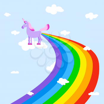 Unicorn pooping rainbows. Fantastic animal in sky. White clouds. Fabulous beast defecates. Mythical creature with horn Leakage chair
