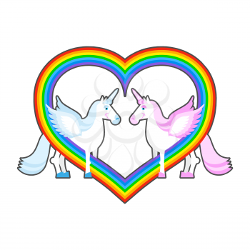 Two unicorn and rainbow heart. Symbol of  LGBT community. Pink and blue a fantastic animal with  horn on its forehead. Fabulous animal - symbol of love