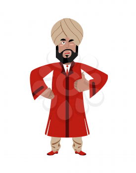 Indian businessman shows well. Indians with beard. Sign all right. Thumbs up. Hand showing ok. Gesture of hand. Man from India in national dress and turban

