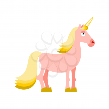 Pink unicorn with yellow mane. Fantastic animal on white background. Fabulous beast isolated. Mythical creature with horn