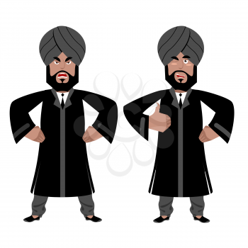 Indian Maharajah set. Angry, aggressive and good businessman in India. Hindu in turban and tie. Traditional costume. Sign all right. Thumbs up. Hand showing ok
