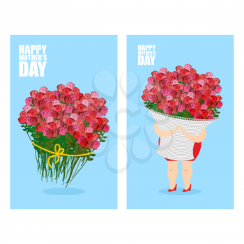 Mothers Day greeting card set. Woman and basket of flowers. Holiday gift bouquet of red roses
