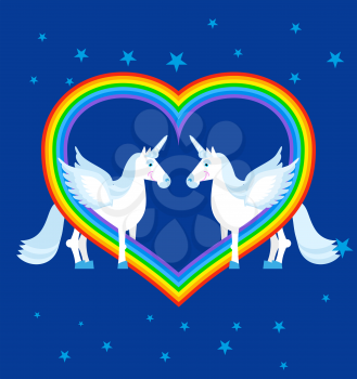 Two blue unicorn and rainbow in heart shape. Fantastic animals on blue sky. LGBT sign. Fabulous beast gay character