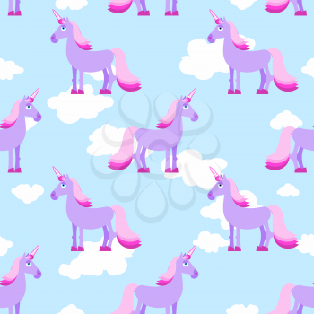 Purple Unicorn on blue sky with white clouds seamless pattern. Fantastic animal with horn and pink mane ornament. Texture of fabric for baby
