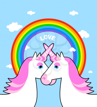Two pink unicorn and rainbow love. Symbol of LGBT community. Fantastic animal symbol of homosexual love. Blue sky and white clouds. mythical creature