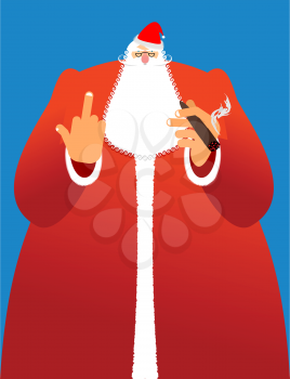 Bad Santa with cigar and fuck. Angry drunk Claus. Harmful Christmas ruffian. Aggression sign. foul guy for new year. Xmas hooligan