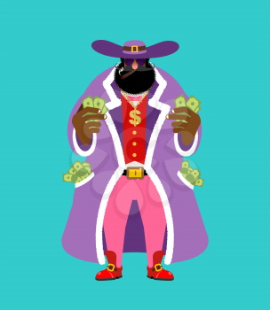 Pimp and money. Cool man. bully gigolo. dishonest guy. Pocket full of cash. bizarre Bright clothing and cigar. Gold dollar chain jewelry necklace