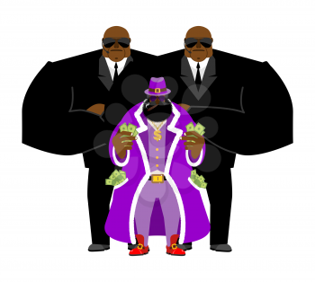 Pimp and bodyguard. Bright clothing and money. Pocket full of cash. Gold dollar chain jewelry. African American and guards, security
