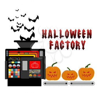 Halloween factory. Device manufacturing scary pumpkin. Vegetables and bats processed terrible. Manufacturing process horror.

