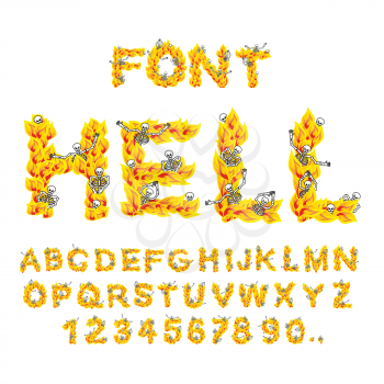 Hell font. inferno ABC. Fire letters. Sinners in hellfire. hellish Alphabet. Scrape down flame for sins. torture skeletons

