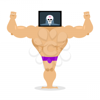 X-ray head bodybuilder. large muscles and small brain. Structure of  pitching. Athlete scheme. Humorous illustration. Anatomy sportsman
