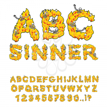 Sinner font. Letters from flames. Skeletons in hell fire. Hellfire and bones. Cries of sinners. hellish ABC. fiery Alphabet
