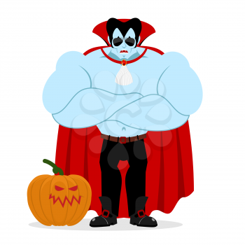 Dracula and pumpkin. Serious Powerful vampire guards vegetable. Strong demon crossed his arms. Red cape. Halloween illustration
