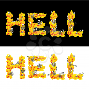 Hell text. fire letters. Skeletons in inferno. Sinners in Gehennal. Satanic symbol. hellish thick

