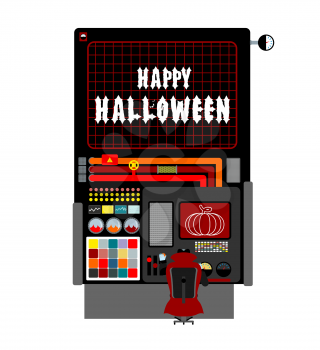 Halloween factory. device manufacturing scary pumpkin. Vegetables and bats processed terrible. Manufacturing process horror. Machine for production of fear. Control panel for Dracula. Vampire machine 