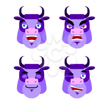 Purple cow Emotions. Set expressions avatar bull. Good and evil. Discouraged and cheerful. Face Farm Animals