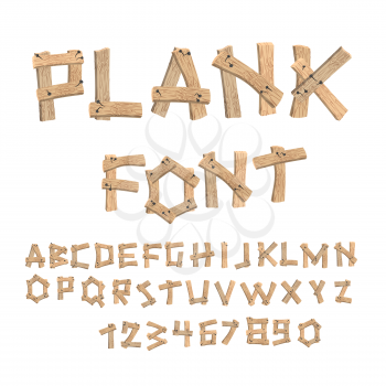 Plank font. Wooden table alphabet. Old boards with nails ABC. letters put together from vintage wood. Country font timbered textured

