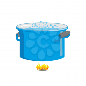 Pot of boiling water on fire. Cooking food. Blue cookware
