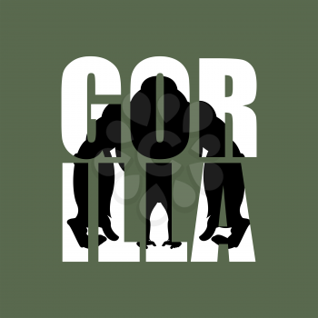 Gorilla. Silhouette of wild animal in text. Big monkey and Typography. Aggressive beast and letters. Big black monkey
