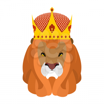 Lion King and crown. Head of a predator with shaggy mane and royal headdress. Wild cruel animal savanna. Big Serious beast. King hat adorned with diamonds
